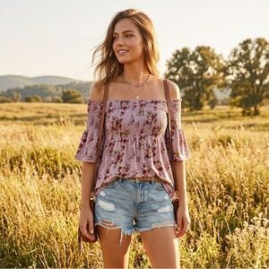 Cottagecore Boho Chic Floral Smocked Off-the-Shoulder Blouse - Size L